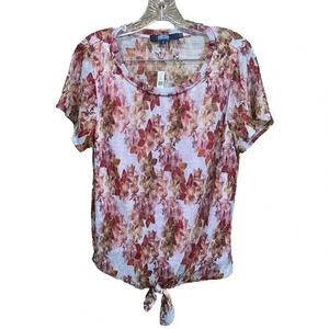 Anthropologie Eva Franco Metallic Floral Tie Front Short Sleeve Shirt Sz Medium